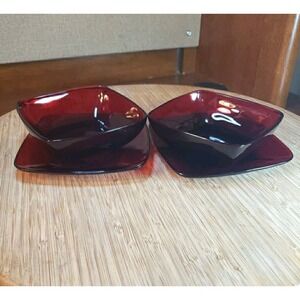 Lot Of 2 Anchor Hocking Dessert Bowl 4.75" & Saucer 5.25" Charm Ruby Red Square
